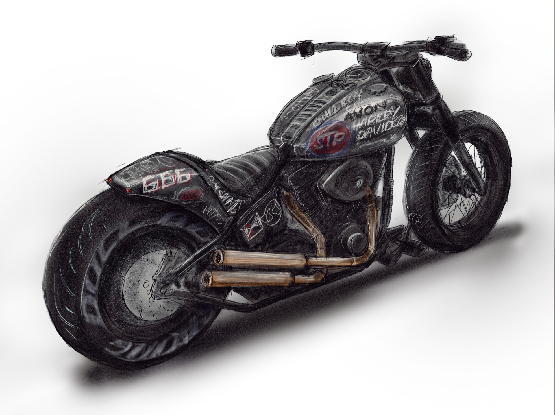 Concept sketch for Turn & Burn — drag-racing hardtail layout