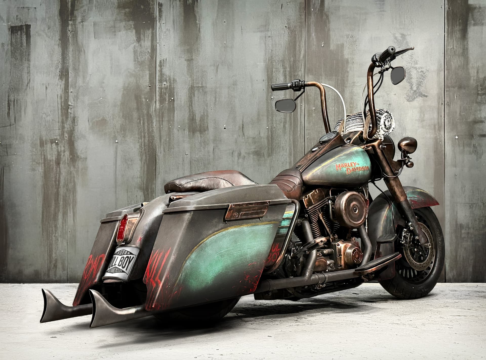 Rear three-quarter view of the Road King Roadkill with hand-lettered Roadkill graphics