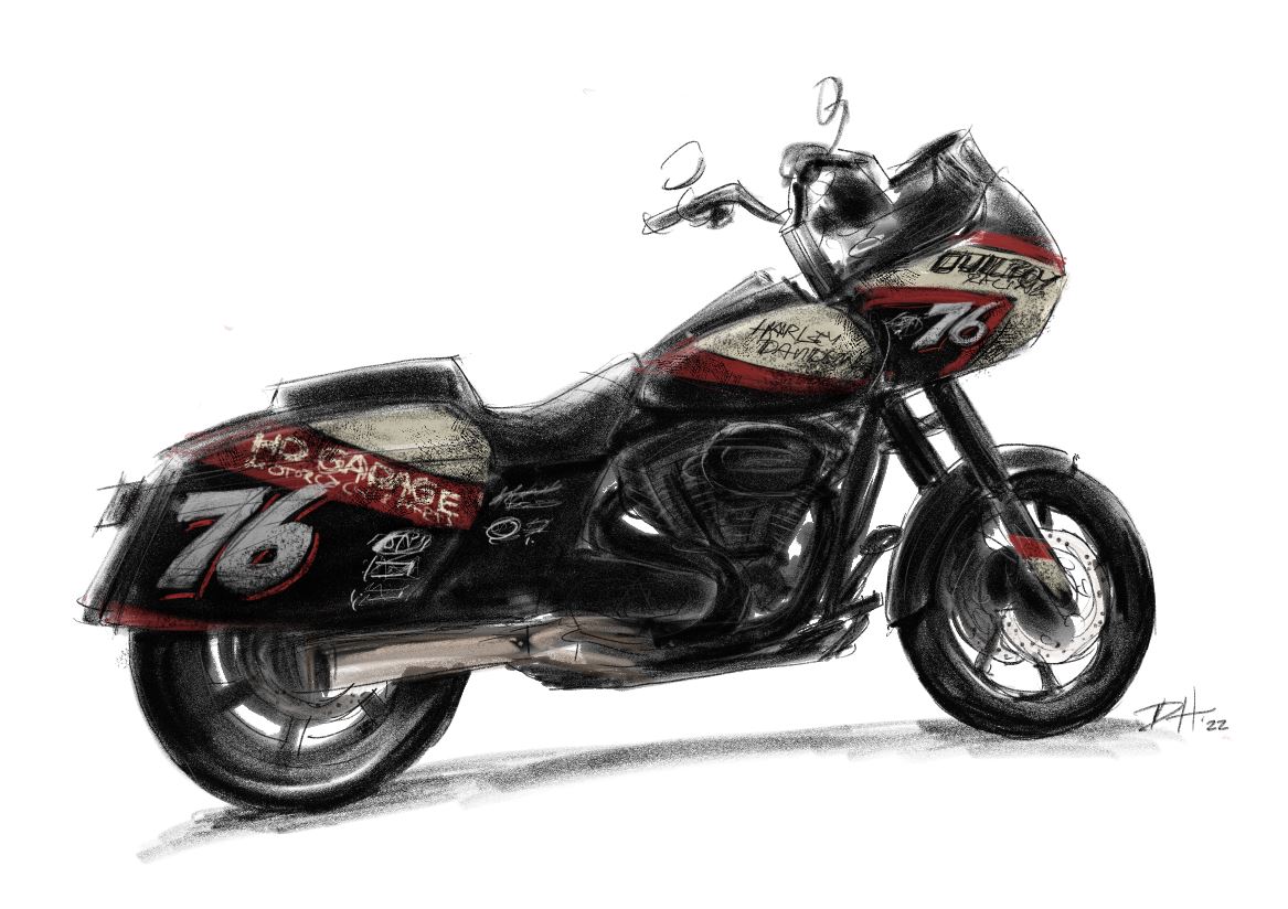 Hand-drawn concept sketch of the Dull Boy Racing performance bagger
