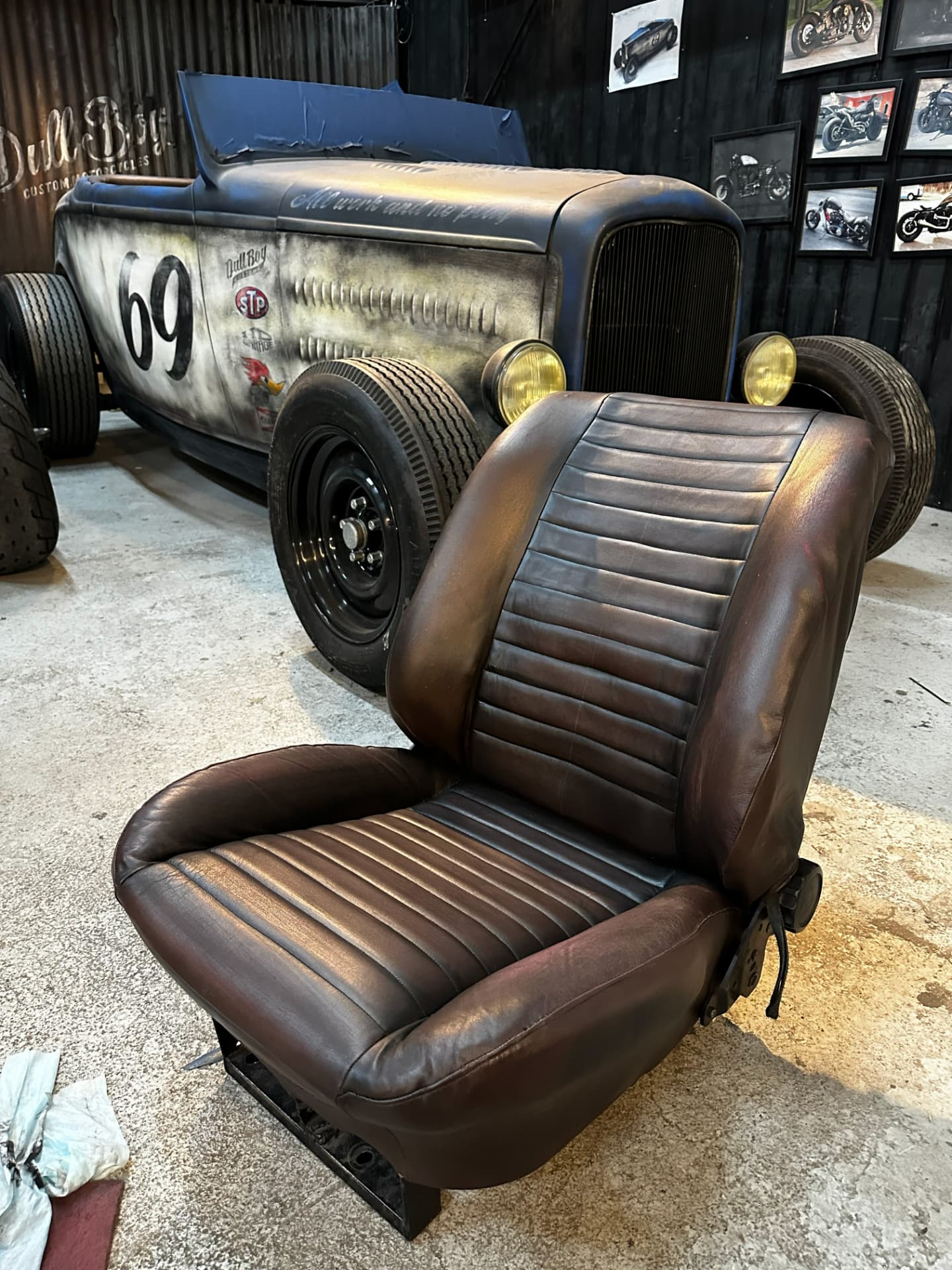 Hand-stitched brown leather bucket seat for the '32 Ford Roadster