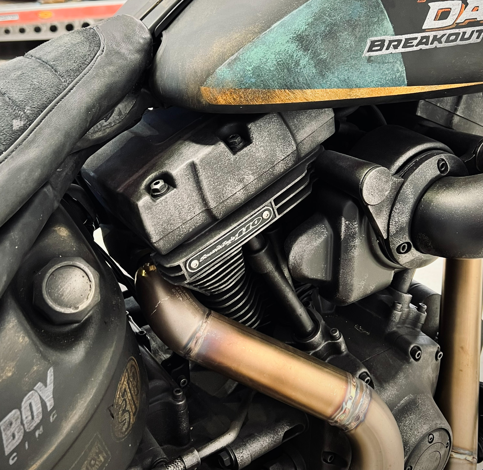 Close-up of the Breakout CVO engine and stainless exhaust