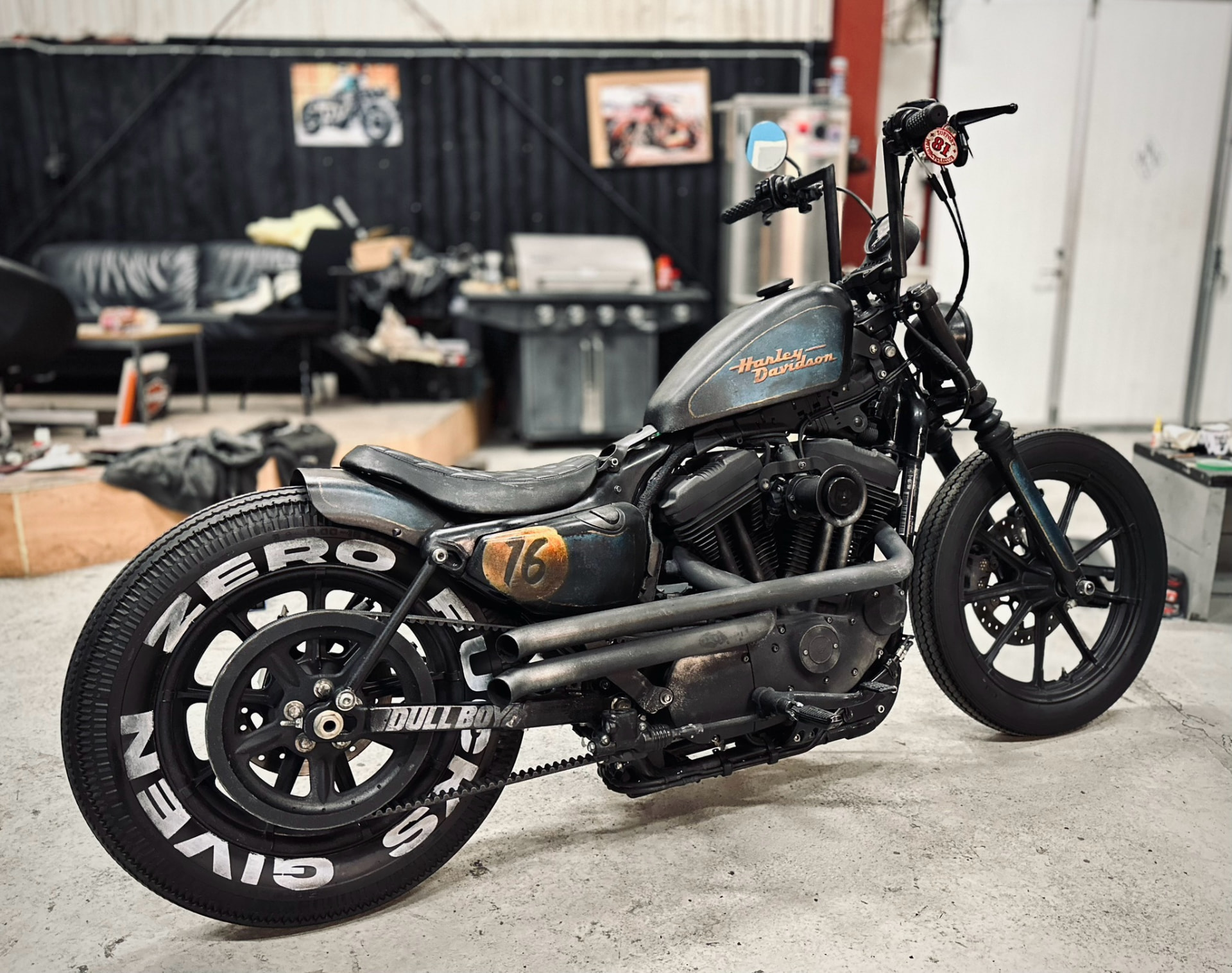 Distressed patina Harley Sportster with hand-painted number 76