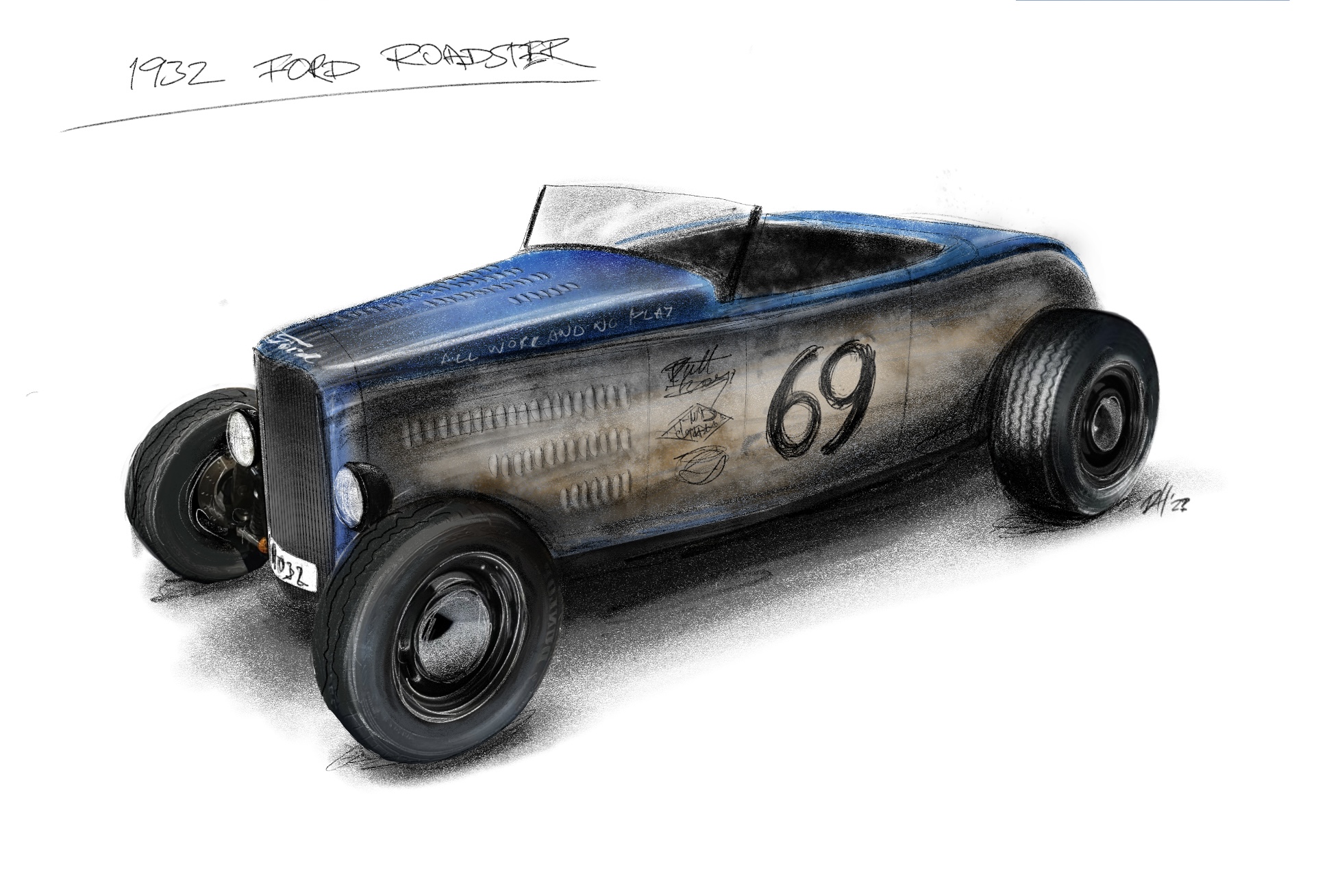 Hand-drawn concept sketch of the 1932 Ford Roadster hot rod