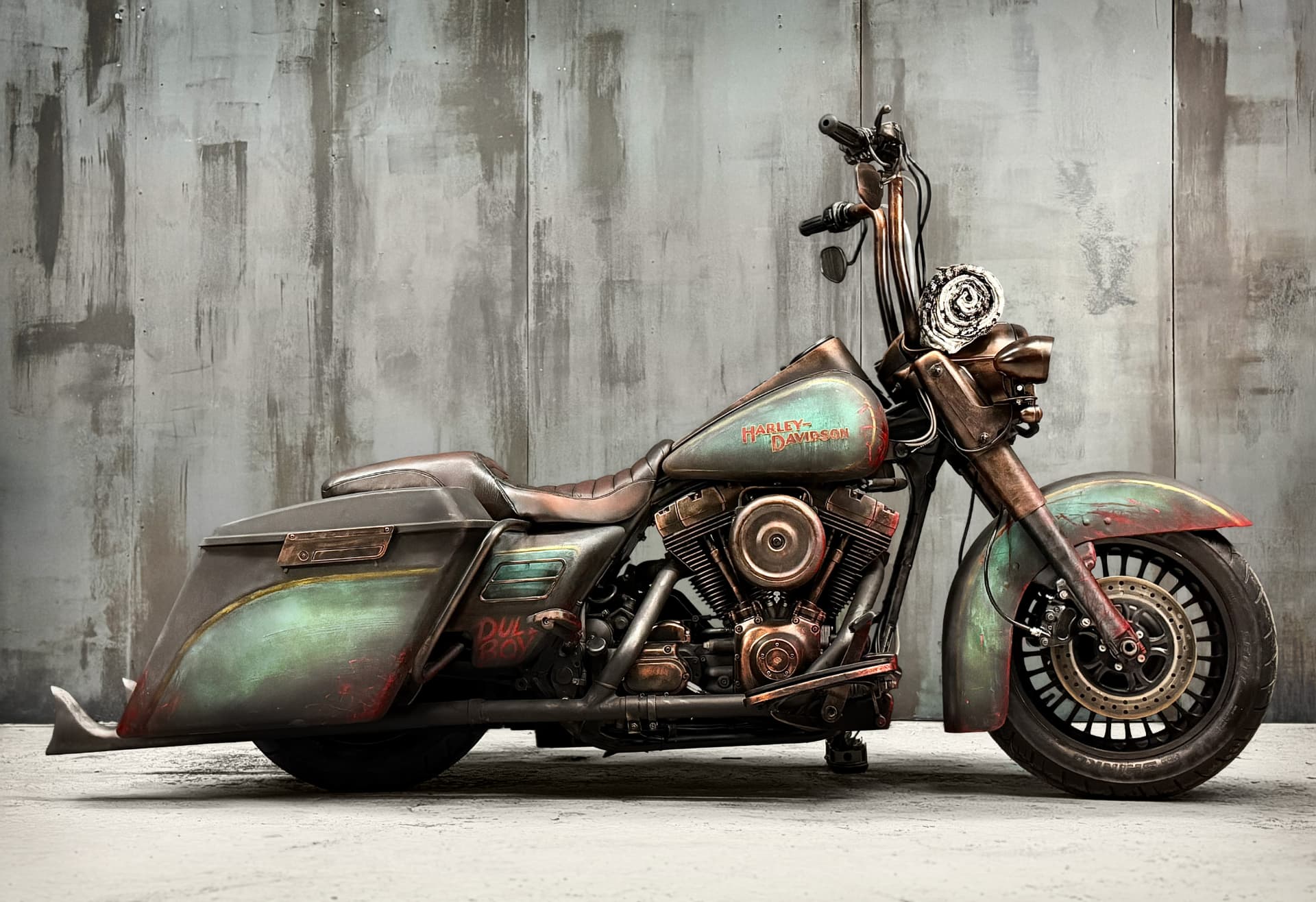 Harley-Davidson Road King with weathered copper, green and red hand-painted finish