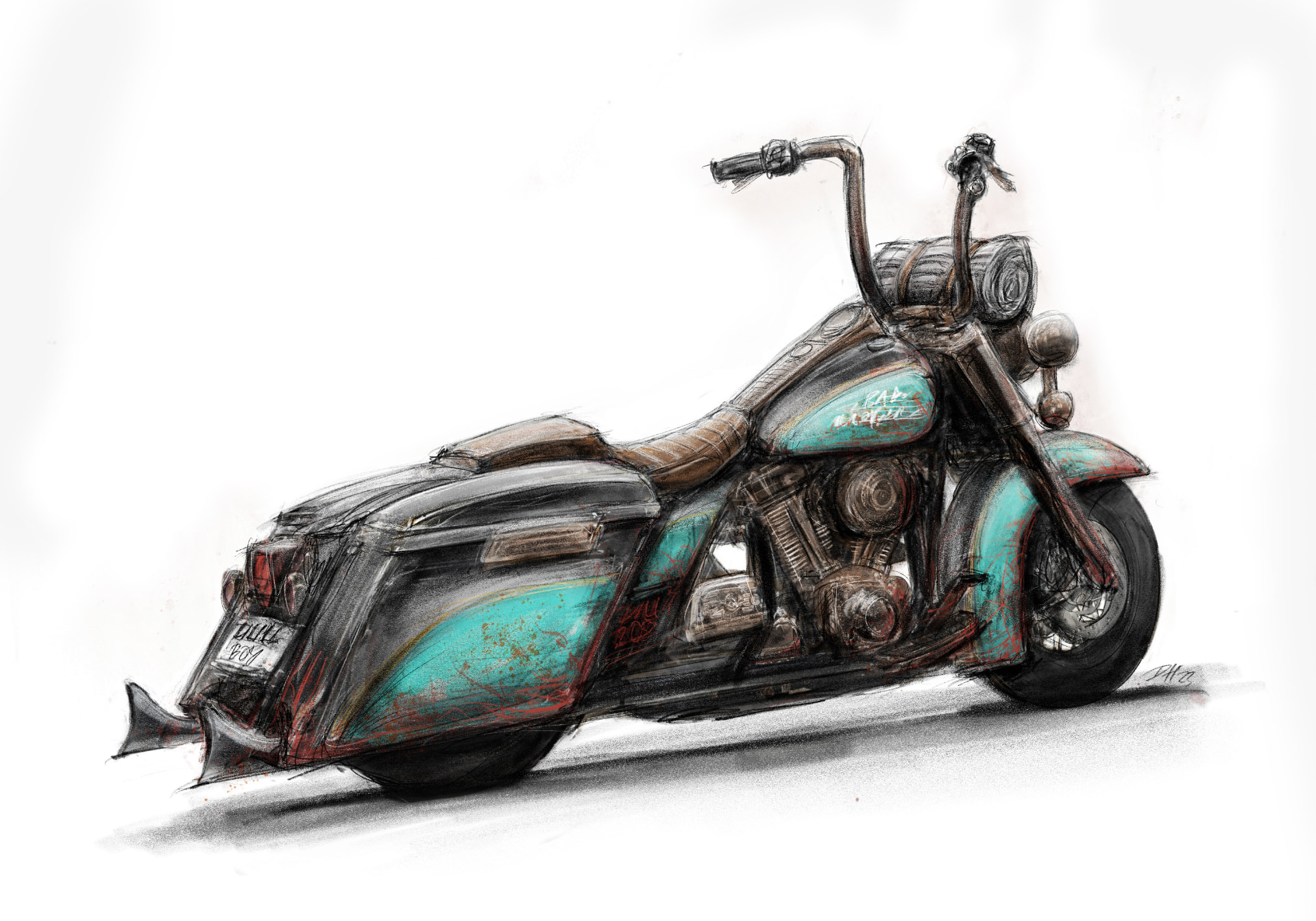 Hand-drawn design sketch of the Road King Roadkill bagger