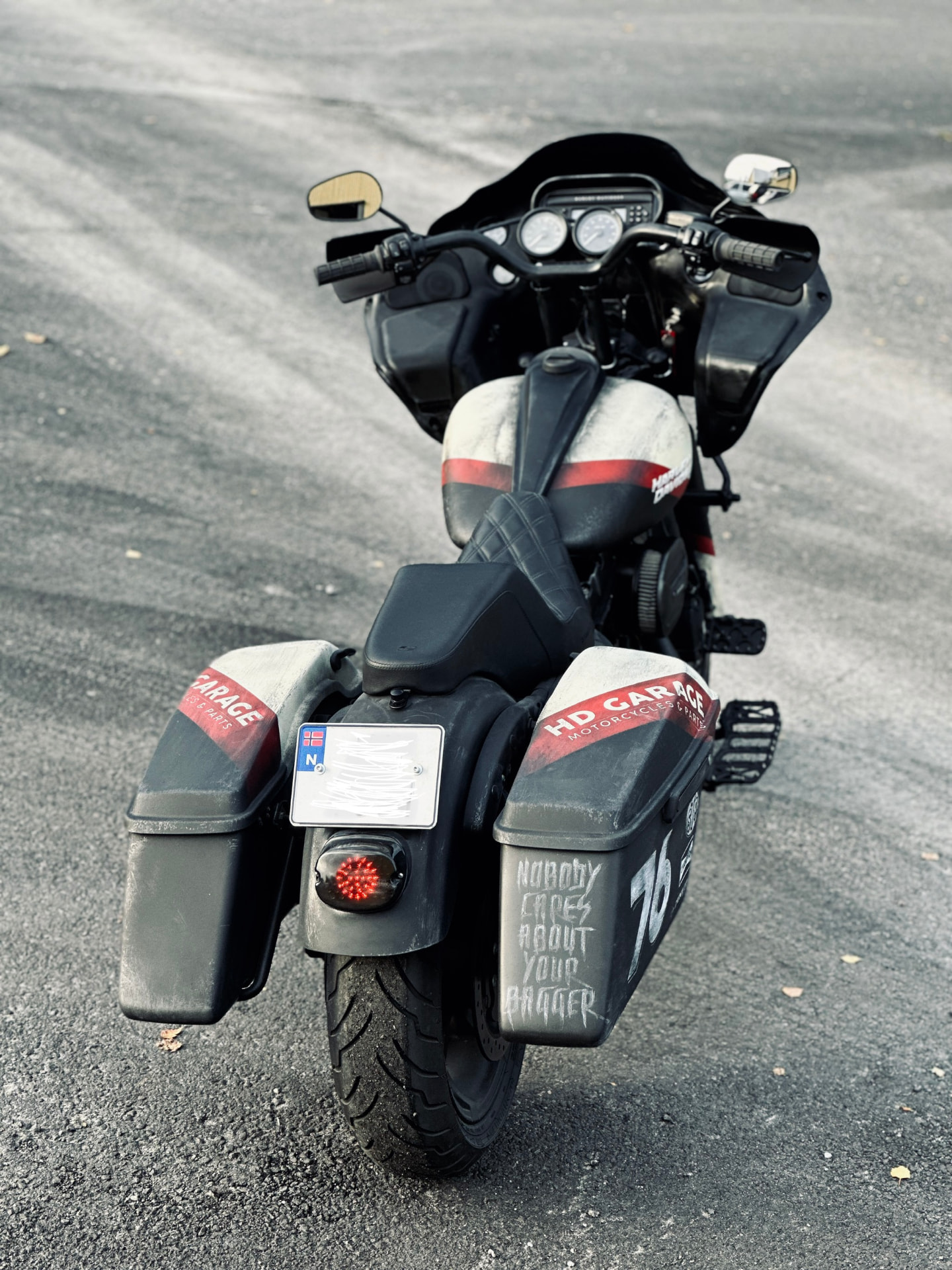 Rear view of the bagger with hand-lettered saddlebag text