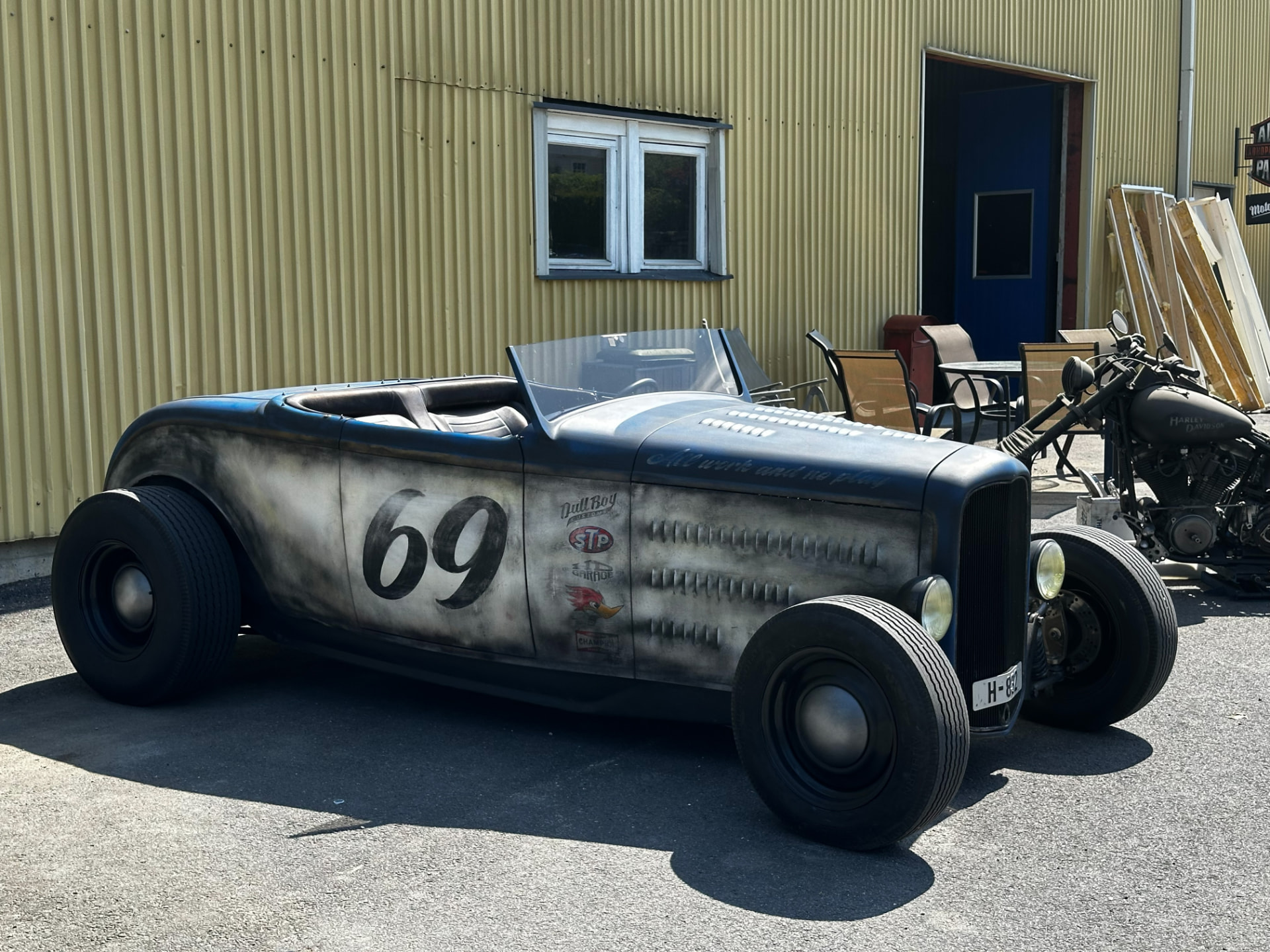 '32 Ford Roadster parked outside the Dull Boy Customs workshop
