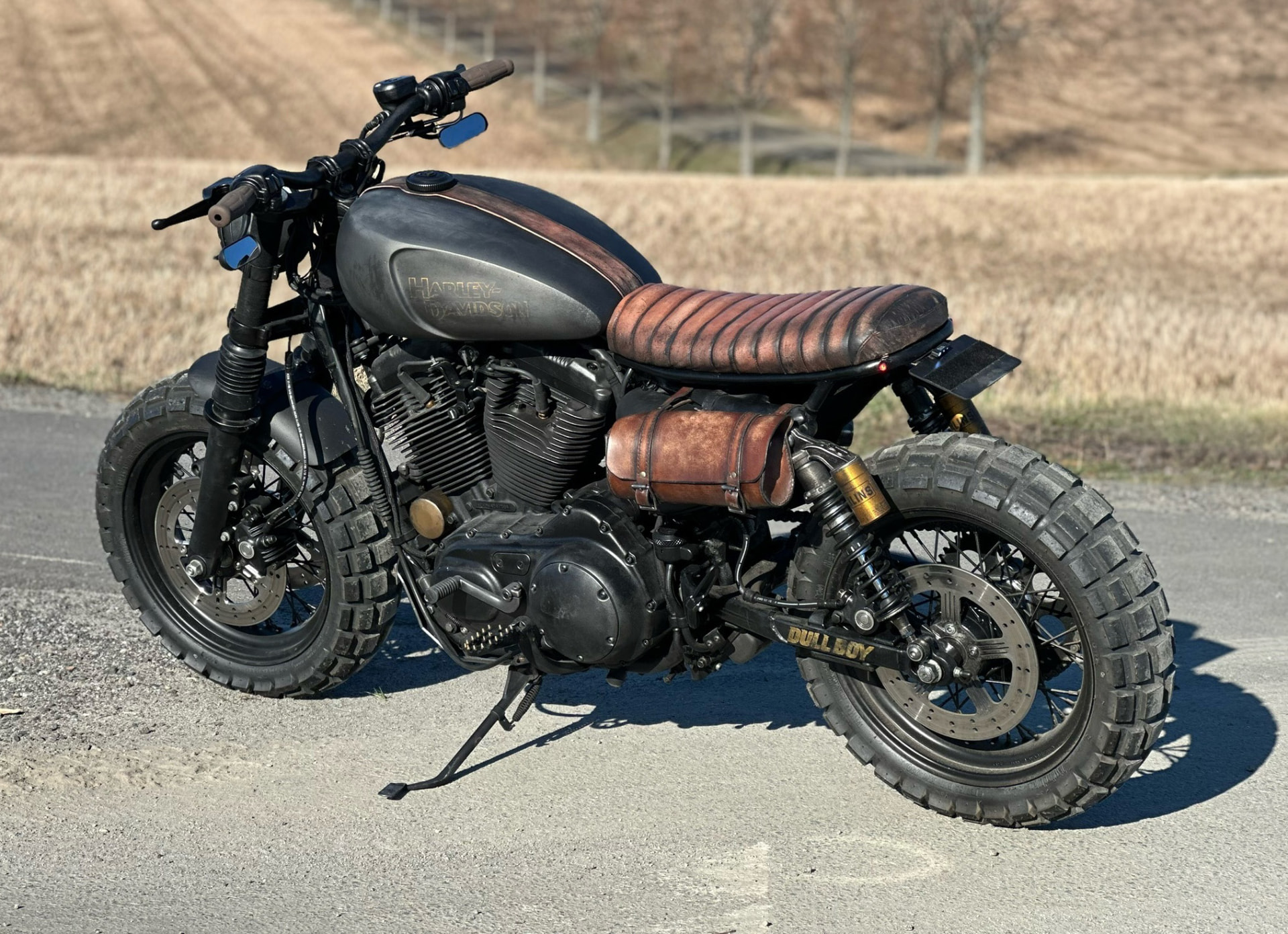 Harley-Davidson Sportster scrambler with knobby tyres, brown leather seat and tool roll on a country road